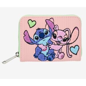 NEW LOUNGEFLY DISNEY STITCH & ANGEL LOVE Hearts Pastel Fuzzy Color Block WALLET‎
